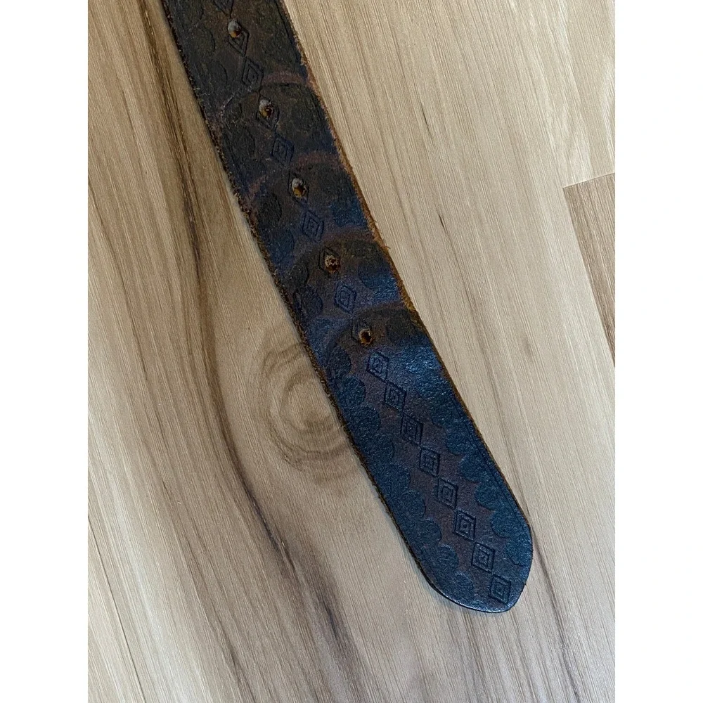 Vintage Embossed Leather Belt Mens Brown Geometric Diamond Pattern Distressed 28